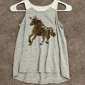 Size 10 JUSTICE Unicorn TANK TOP Gray Flip Sequins Sleeveless T Shirt Grey tee